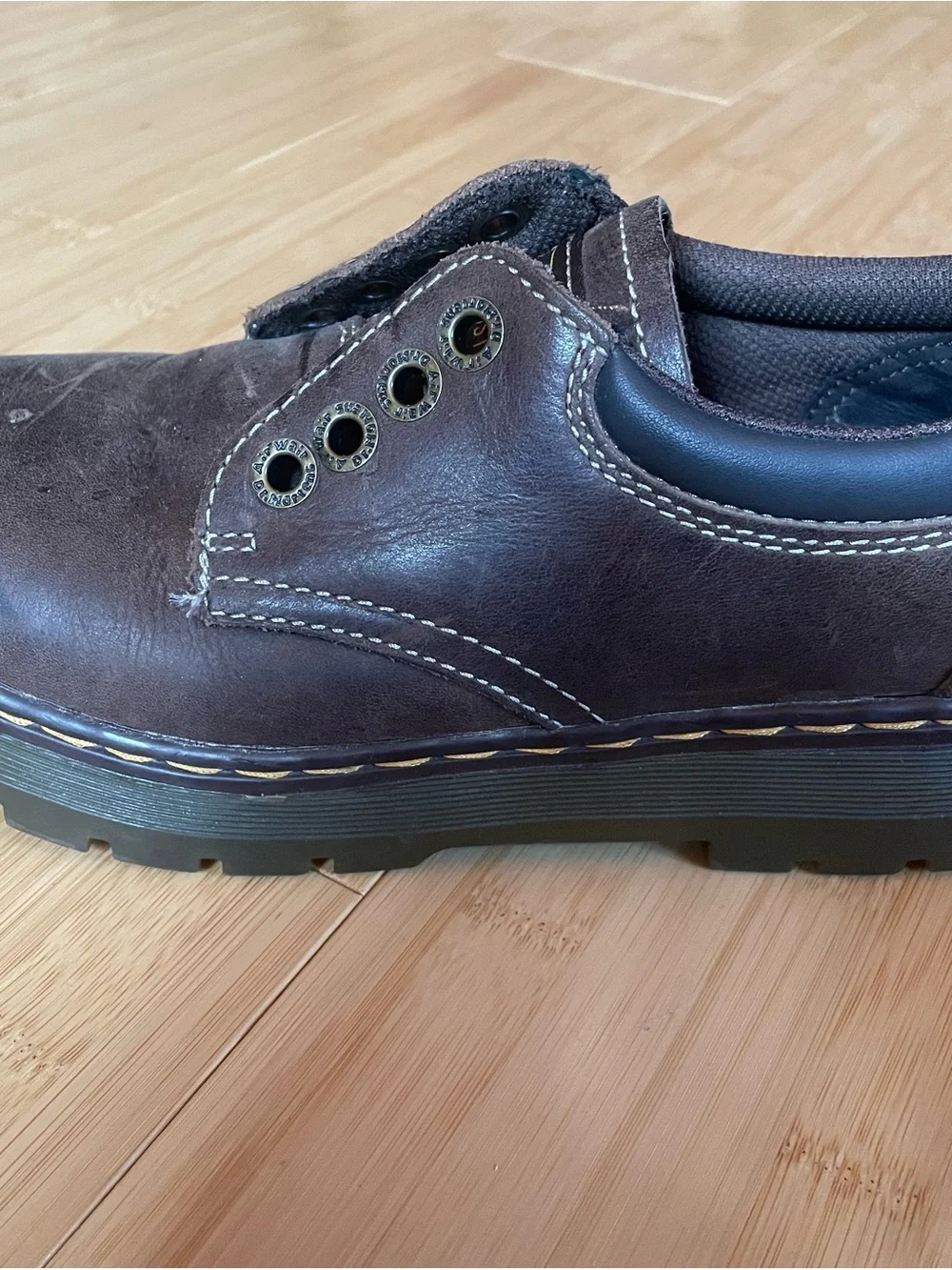 Dr. Martens Brown Leather Slip-On Oxfords with Yellow Stitching